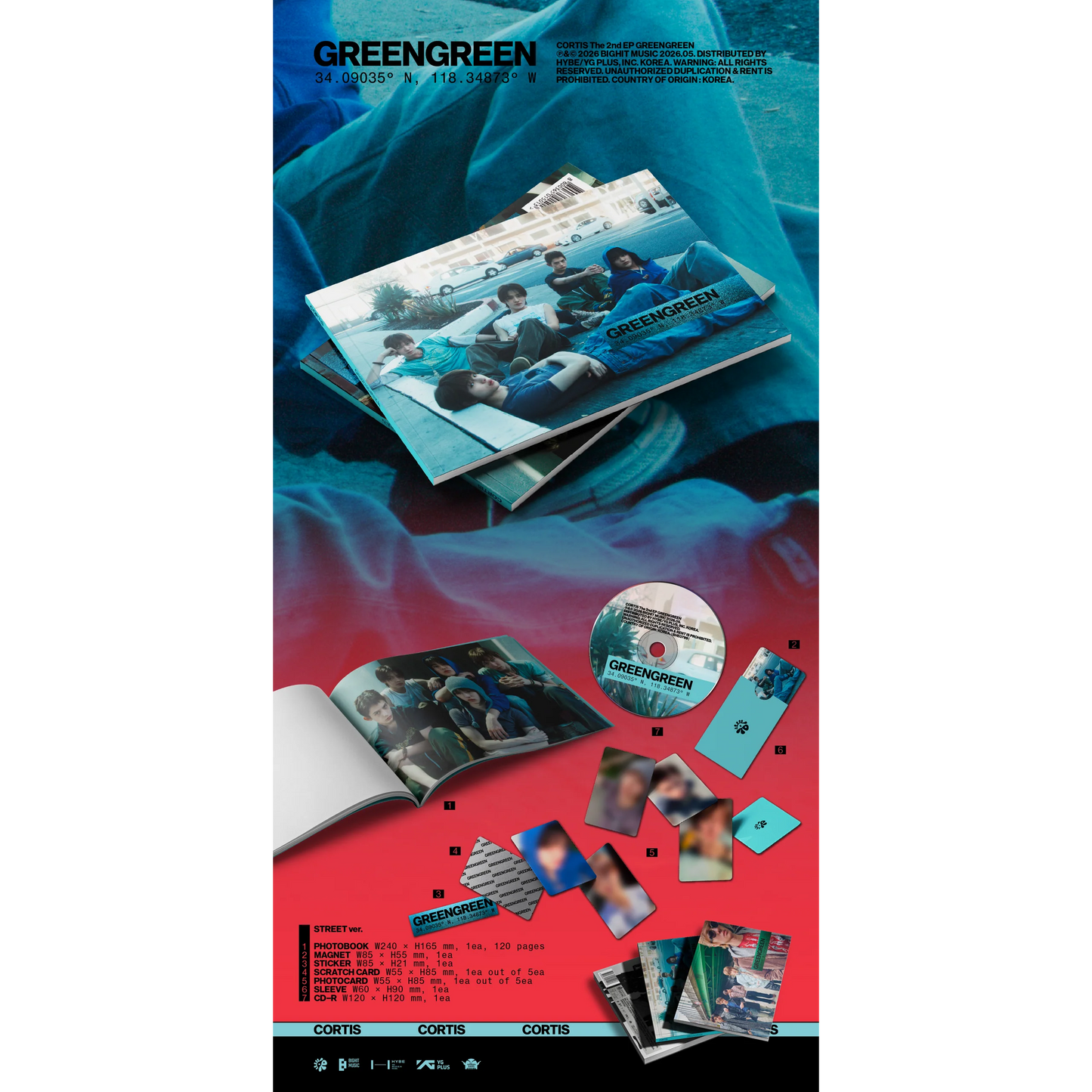 Promotional material for a music group including photo books, CDs, and postcards on a gradient background.
