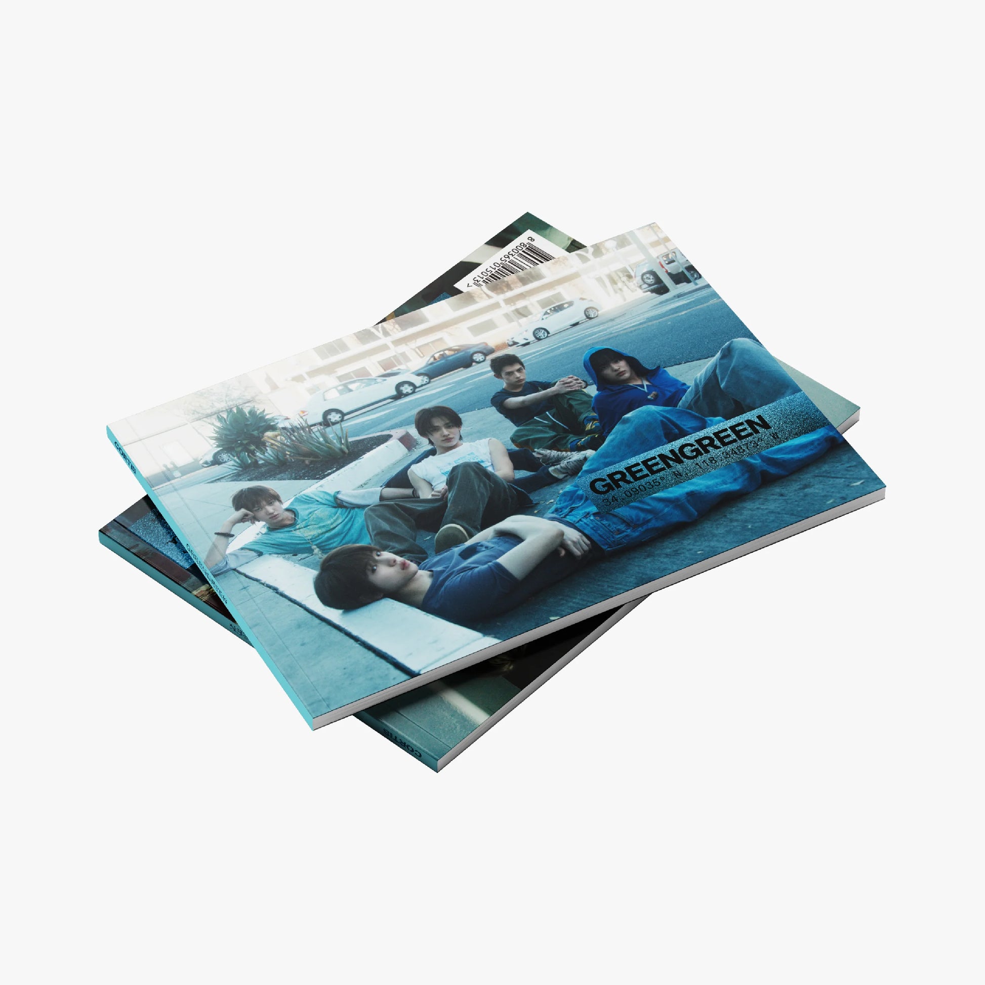 Stack of albums with a blue and white cover on a white background for Cortis Green Green street version