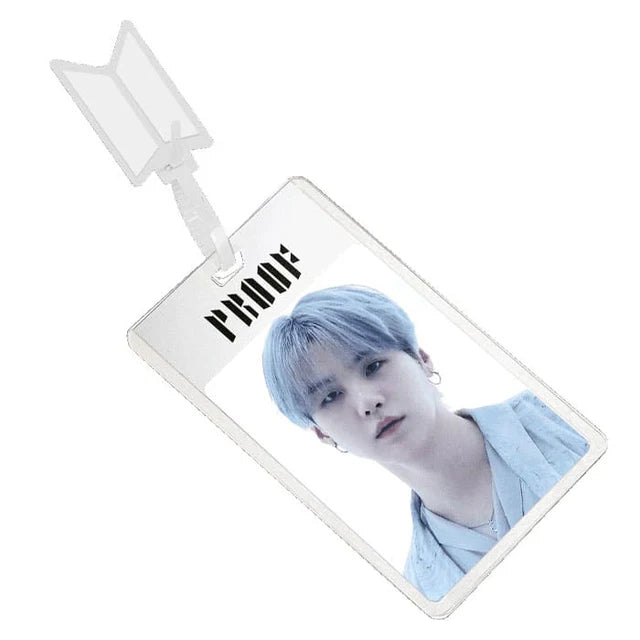 Card holder with a BTS Suga portrait and 'PROOF' text on a white background