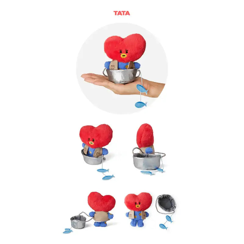 Red heart-shaped character with blue body in various fishing poses on a white background, featuring the BTS BT21 character 'TATA'.