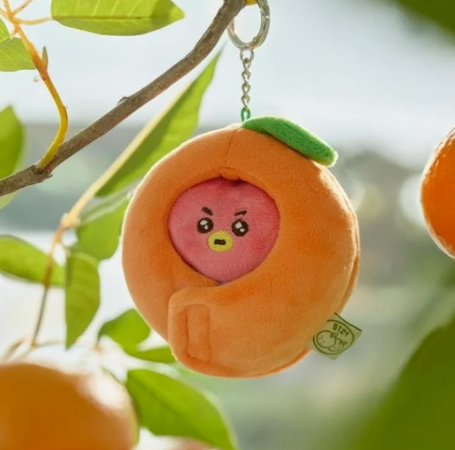 BTS BT21 Tata Plush keychain shaped like a orange with a character's face inside, hanging from a tree branch.