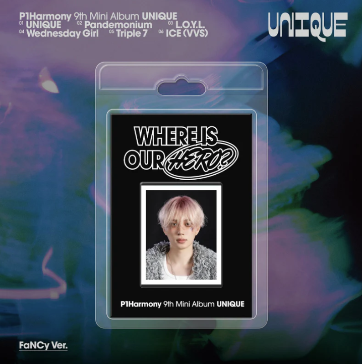 Album packaging for P1Harmony 9th Mini Album UNIQUE Theo keychain with a person's face on a colorful background.