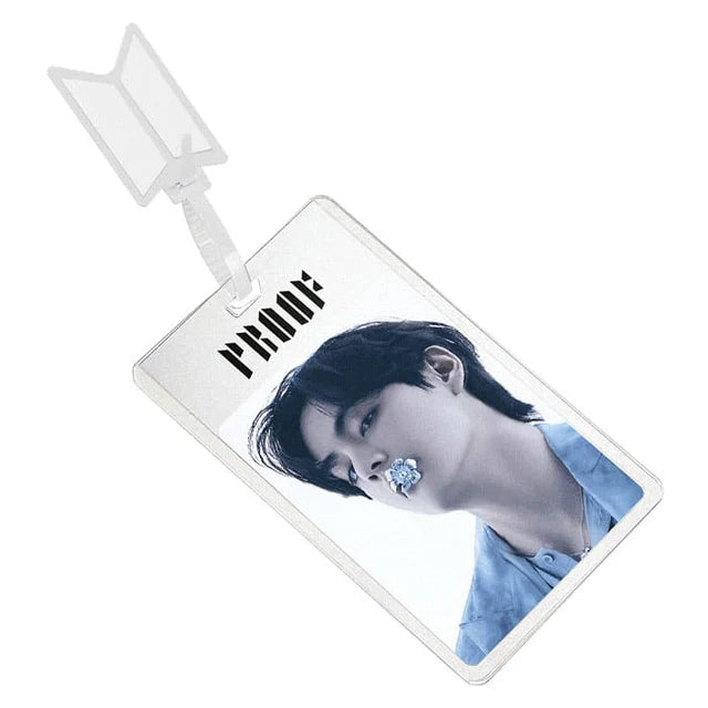 Card holder with a BTS Taehyung portrait and 'PROOF' text on a white background