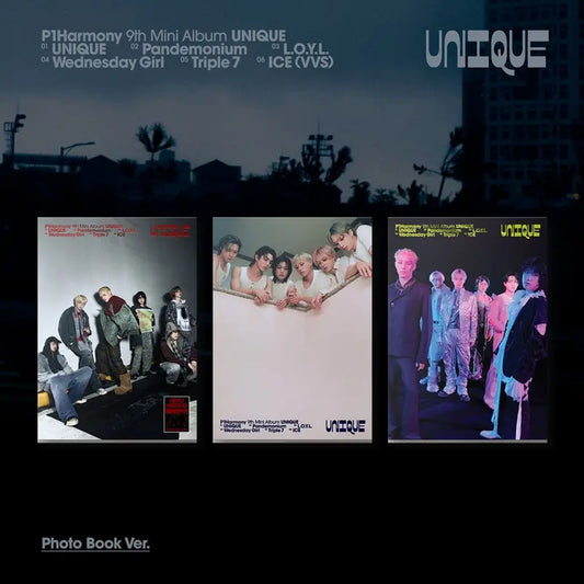 Promotional image of a k-pop boy group P1Harmony music album Unique with cover art and text on a dark background