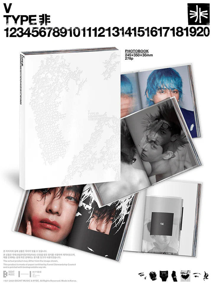 Photobook for Taehyung (V) from BTS with black and white images of a person, featuring a visible brand logo on the cover.