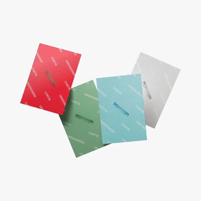 Four colorful folders with branding on a white background for Cortis Weverse Green Green album