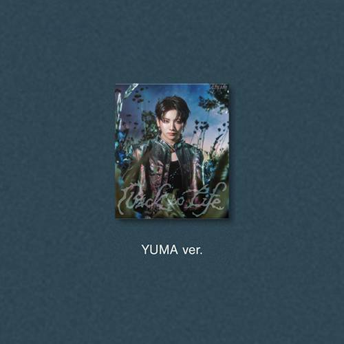 Album cover with k-pop and j-pop boy group &Team member in a jacket on a blue background, featuring the text 'YUMA ver.'